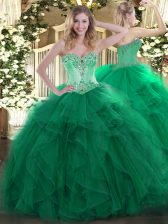  Floor Length Dark Green Quince Ball Gowns Organza Sleeveless Beading and Ruffles