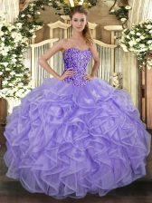 Fashion Beading and Ruffles Sweet 16 Dress Lavender Lace Up Sleeveless Floor Length