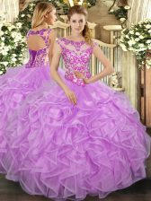 Simple Lilac Lace Up Scoop Beading and Appliques and Ruffles Quinceanera Gown Organza Cap Sleeves