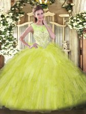Popular Scoop Sleeveless Quinceanera Dresses Floor Length Beading and Ruffles Yellow Green Organza