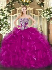 Fancy Fuchsia Sleeveless Floor Length Beading and Ruffles Lace Up Ball Gown Prom Dress