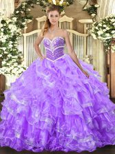 Charming Lavender Ball Gowns Organza Sweetheart Sleeveless Ruffled Layers Floor Length Lace Up Quince Ball Gowns