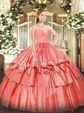  Sleeveless Organza Floor Length Zipper Quinceanera Gown in Watermelon Red with Beading and Lace and Ruffled Layers