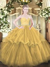 Glamorous Gold Quinceanera Dresses Tulle Brush Train Sleeveless Beading and Lace and Ruffled Layers