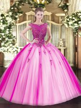 Flirting Fuchsia Ball Gowns Tulle Scoop Cap Sleeves Beading and Appliques Floor Length Lace Up Quinceanera Gown