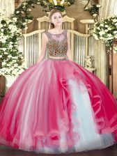  Floor Length Lace Up Sweet 16 Dresses Coral Red for Military Ball and Sweet 16 and Quinceanera with Beading and Ruffles