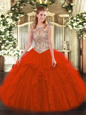  Sleeveless Floor Length Beading and Ruffles Lace Up Quinceanera Dress with Red