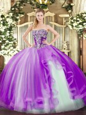  Sleeveless Tulle Floor Length Lace Up Quinceanera Gowns in Lavender with Beading and Ruffles