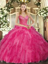 Stunning Hot Pink Ball Gowns V-neck Sleeveless Tulle Floor Length Lace Up Beading and Ruffles Sweet 16 Dresses