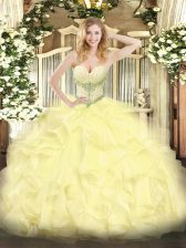  Yellow Sweetheart Neckline Beading and Ruffles Quinceanera Gown Sleeveless Lace Up
