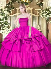 Graceful Fuchsia Sleeveless Organza and Taffeta Zipper Quince Ball Gowns for Military Ball and Sweet 16 and Quinceanera
