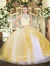 Stunning Floor Length Zipper 15 Quinceanera Dress Gold for Military Ball and Sweet 16 and Quinceanera with Lace and Ruffles