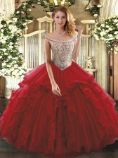 Custom Fit Sleeveless Floor Length Beading and Ruffles Lace Up Sweet 16 Quinceanera Dress with Wine Red