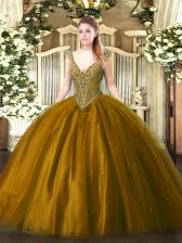Stunning Brown Sleeveless Floor Length Beading Lace Up 15th Birthday Dress