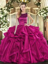  Scoop Sleeveless Organza Ball Gown Prom Dress Ruffles Lace Up