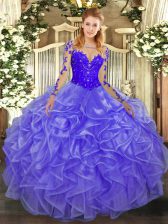 Eye-catching Lavender Organza Lace Up Scoop Long Sleeves Floor Length Quinceanera Dresses Lace and Ruffles
