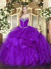 Pretty Purple Organza Lace Up Sweet 16 Dress Sleeveless Floor Length Beading and Ruffles