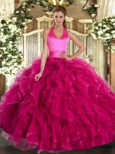  Fuchsia Quinceanera Dress Military Ball and Sweet 16 and Quinceanera with Ruffles Halter Top Sleeveless Lace Up