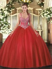 Custom Made Ball Gowns Sweet 16 Quinceanera Dress Coral Red V-neck Tulle Sleeveless Floor Length Lace Up