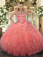 Sexy Watermelon Red Organza Lace Up Quinceanera Dress Sleeveless Floor Length Beading and Embroidery