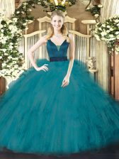  Floor Length Zipper Quinceanera Dress Teal for Military Ball and Sweet 16 and Quinceanera with Beading and Ruffles