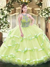 Perfect Tulle Sleeveless Floor Length 15 Quinceanera Dress and Beading and Ruffled Layers