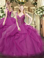 Cheap Lilac Tulle Lace Up V-neck Sleeveless Floor Length 15th Birthday Dress Beading and Ruffles