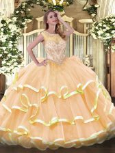  Ball Gowns Quinceanera Gown Peach Scoop Organza Sleeveless Floor Length Zipper