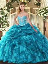  Teal 15th Birthday Dress Military Ball and Sweet 16 and Quinceanera with Beading and Ruffles and Pick Ups Sweetheart Sleeveless Lace Up