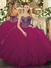  Fuchsia Sleeveless Tulle Lace Up Sweet 16 Dress for Military Ball and Sweet 16 and Quinceanera