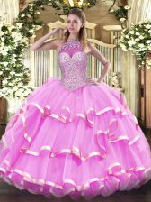  Rose Pink Halter Top Lace Up Beading and Ruffled Layers 15 Quinceanera Dress Sleeveless
