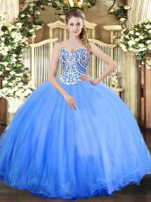 Suitable Baby Blue Sleeveless Floor Length Beading Lace Up Quinceanera Dresses