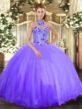  Lavender Ball Gowns Halter Top Sleeveless Tulle Floor Length Lace Up Embroidery Quinceanera Dress