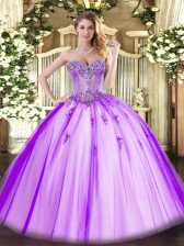  Lavender Lace Up Quince Ball Gowns Beading and Appliques Sleeveless Floor Length