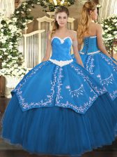 Adorable Blue Ball Gowns Sweetheart Sleeveless Organza and Taffeta Floor Length Lace Up Appliques and Embroidery 15th Birthday Dress