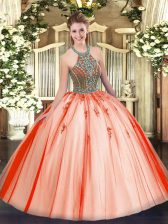  Coral Red Ball Gowns Tulle Halter Top Sleeveless Beading Floor Length Lace Up Ball Gown Prom Dress
