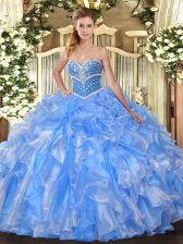 Fashion Baby Blue Lace Up Ball Gown Prom Dress Beading and Ruffles Sleeveless Floor Length