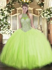  Yellow Green Sweet 16 Dress Military Ball and Sweet 16 and Quinceanera with Beading Halter Top Sleeveless Lace Up
