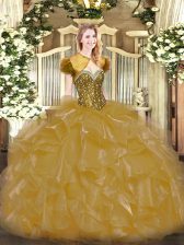 Affordable Floor Length Gold Ball Gown Prom Dress Sweetheart Sleeveless Lace Up