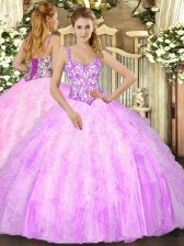 Inexpensive Lilac Sleeveless Beading and Ruffles Floor Length Sweet 16 Quinceanera Dress