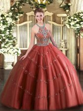  Ball Gowns Quinceanera Gown Wine Red Halter Top Tulle Sleeveless Floor Length Lace Up