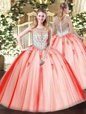  Coral Red Tulle Zipper Scoop Sleeveless Floor Length Ball Gown Prom Dress Beading and Appliques