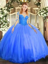 Free and Easy Scoop Long Sleeves Lace Up Vestidos de Quinceanera Blue Tulle