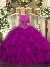  Fuchsia Ball Gowns Beading and Ruffles Quinceanera Dress Zipper Organza Sleeveless Floor Length