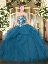  Teal Sweet 16 Quinceanera Dress Military Ball and Sweet 16 and Quinceanera with Beading and Ruffles Strapless Sleeveless Lace Up