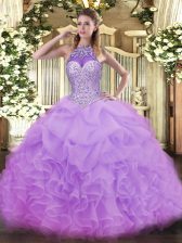  Lavender Lace Up Halter Top Beading and Ruffles and Pick Ups Quinceanera Gowns Organza Sleeveless