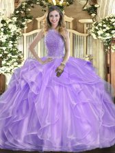  Lavender Organza Lace Up High-neck Sleeveless Floor Length 15th Birthday Dress Beading and Ruffles