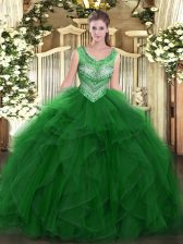 Hot Sale Scoop Sleeveless Sweet 16 Dresses Floor Length Beading and Ruffles Green Organza