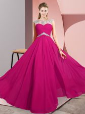 Suitable Fuchsia Chiffon Clasp Handle Scoop Sleeveless Floor Length Prom Gown Beading