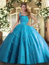  Baby Blue Ball Gowns Tulle Halter Top Sleeveless Appliques Floor Length Lace Up Quinceanera Dress